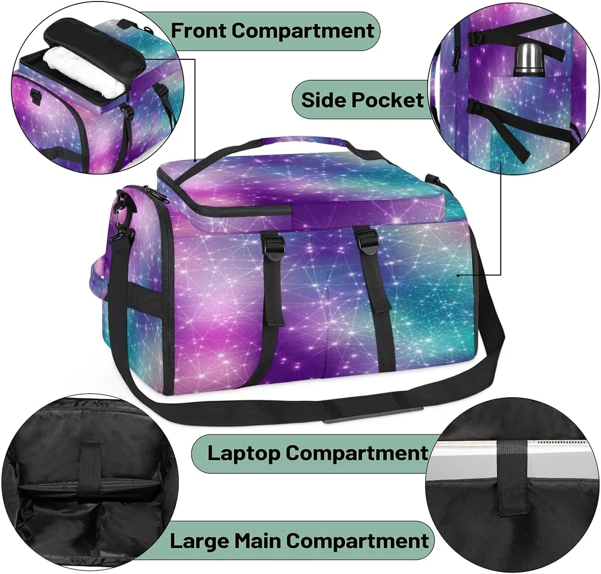 Large Sports Gym Bag With Shoe & Laptop Compartment 47L Waterproof Travel Duffel Bags for Men Women Galaxy Stars Luggage Backpack Duffle Bag
