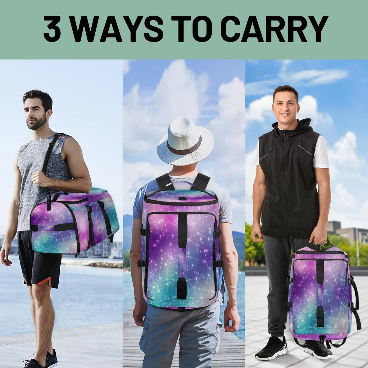Large Sports Gym Bag With Shoe & Laptop Compartment 47L Waterproof Travel Duffel Bags for Men Women Galaxy Stars Luggage Backpack Duffle Bag