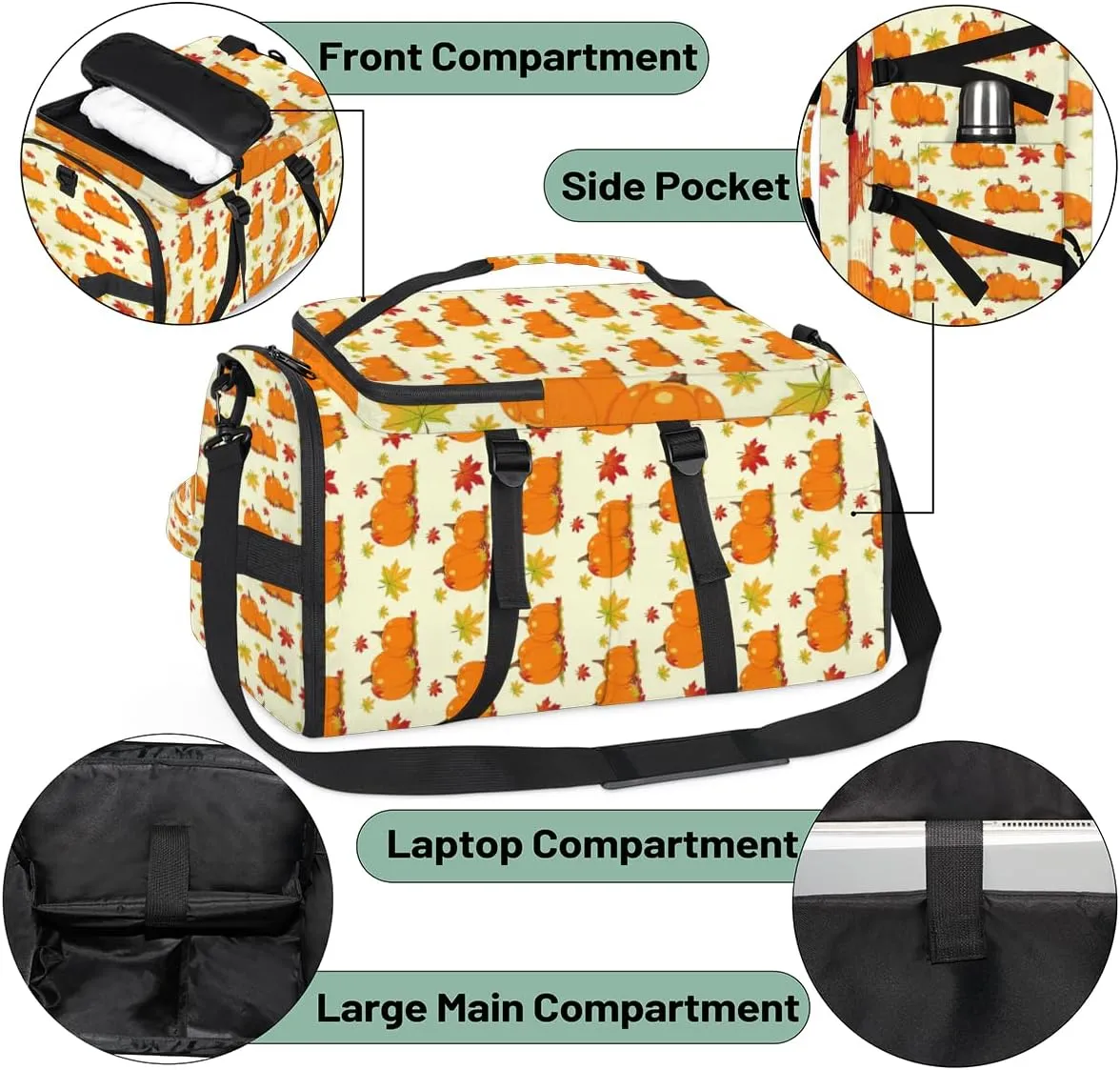 Large Sports Gym Bag With Shoe & Laptop Compartment 47L Waterproof Travel Duffel Bags for Men Women Pumpkins Maple Leaves Luggage Backpack Duffle Bag