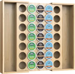 Larger Expandable Bamboo Coffee Pod Holder for Counter Drawer Display, 35 Pod Capacity, K-Cup Pods - Tea Bags Storage Organizer Holder (Bamboo)