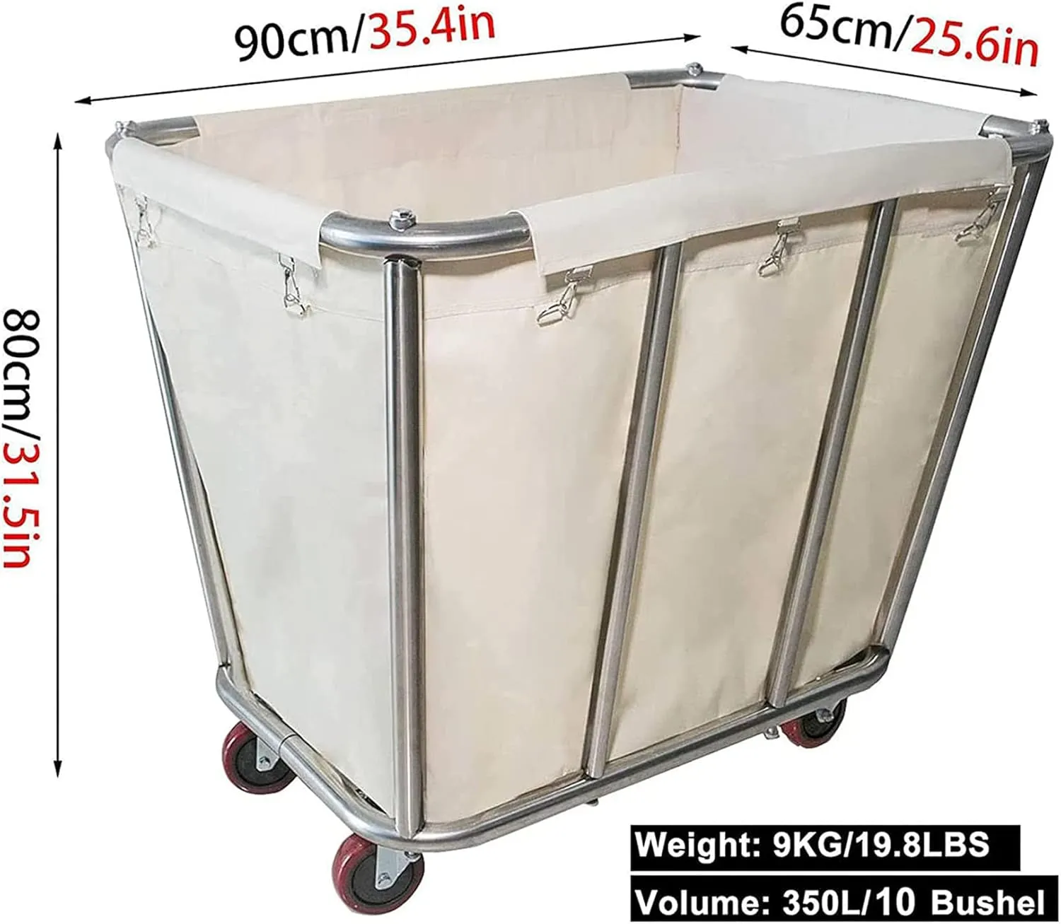 Laundry Cart Commercial,10 Bushel (350L) Large Industrial Rolling Laundry Hamper with 4 Inch Wheels,Home Heavy Duty Laundry Baskets with Stainless Steel Frame, 260 LBS Weight Capacity