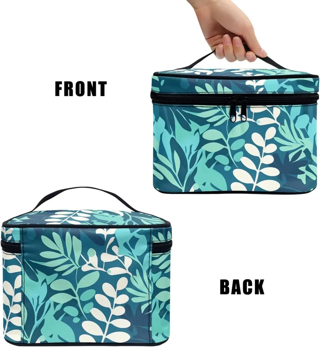 Leaf Pattern Makeup Bag Travel Cosmetic Bag Organizer Toiletry Bag, Aqua Green Leaves Print Make Up Bags with Compartments for Women