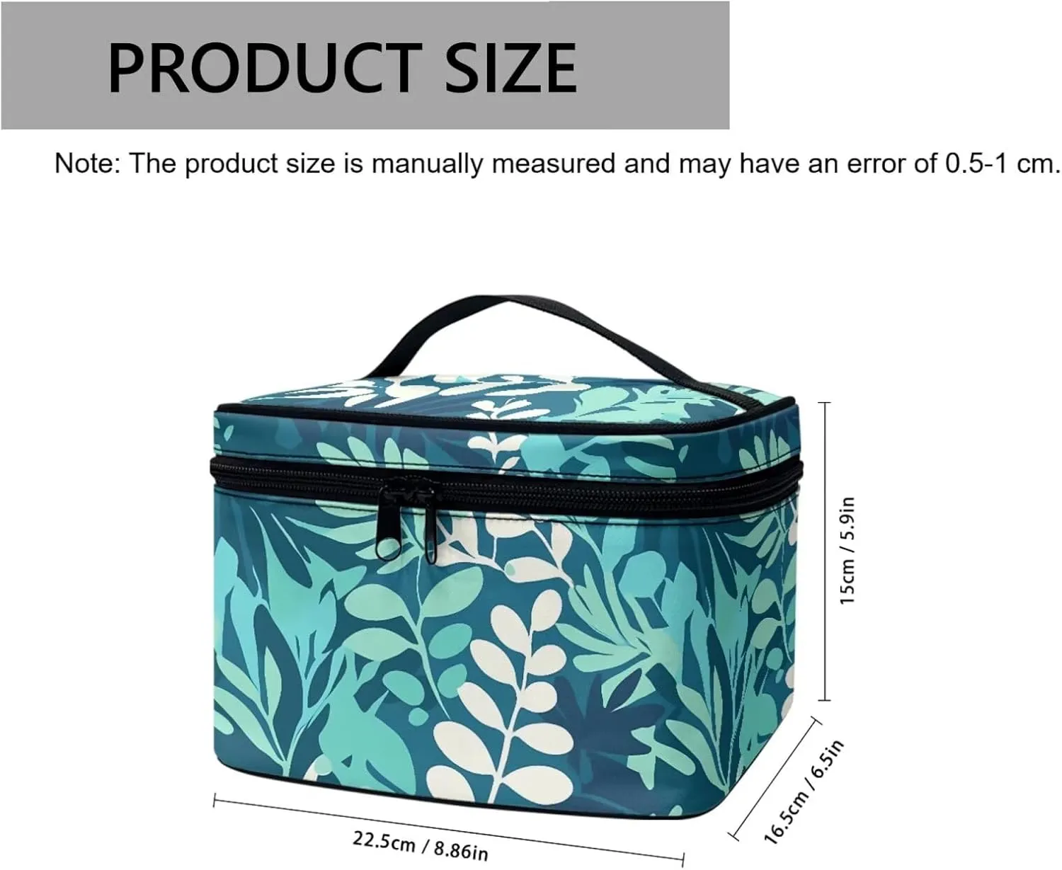 Leaf Pattern Makeup Bag Travel Cosmetic Bag Organizer Toiletry Bag, Aqua Green Leaves Print Make Up Bags with Compartments for Women