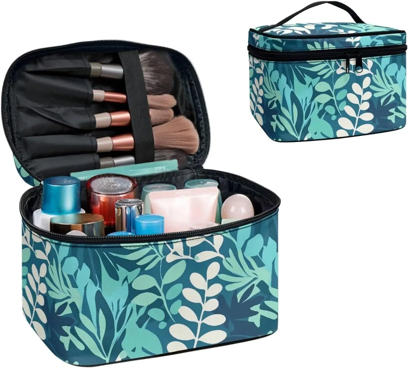 Leaf Pattern Makeup Bag Travel Cosmetic Bag Organizer Toiletry Bag, Aqua Green Leaves Print Make Up Bags with Compartments for Women