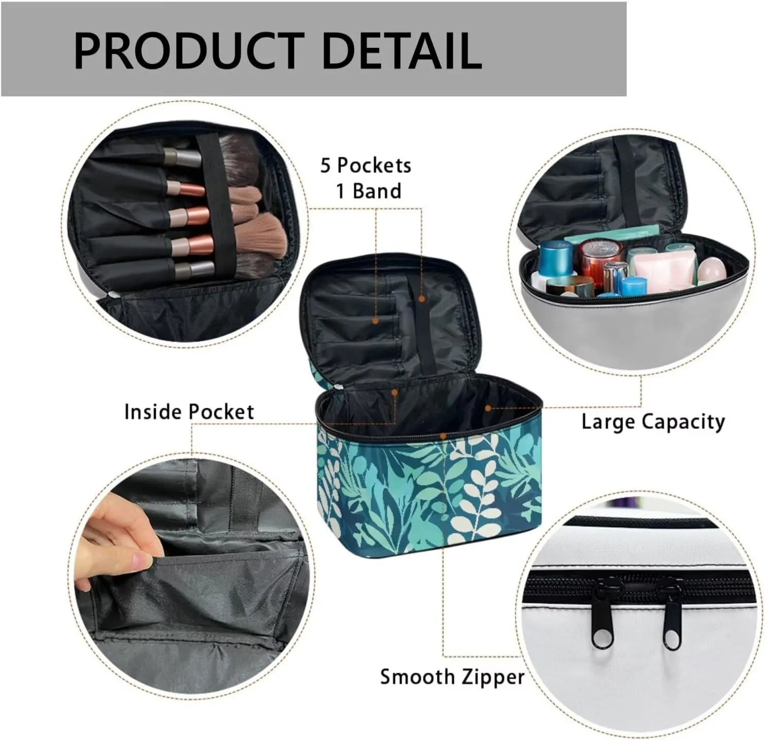 Leaf Pattern Makeup Bag Travel Cosmetic Bag Organizer Toiletry Bag, Aqua Green Leaves Print Make Up Bags with Compartments for Women