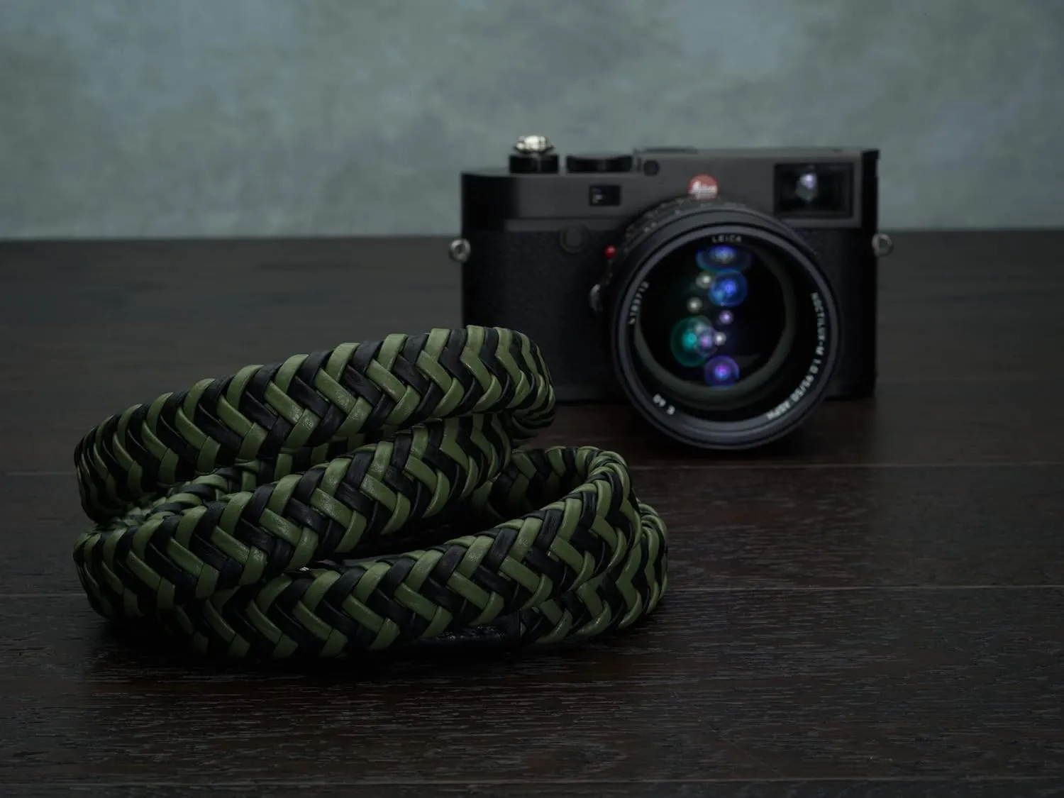 Leather Braided Camera Strap Matador Noir w/Electroplated Rings, Hand-Made 47 inches