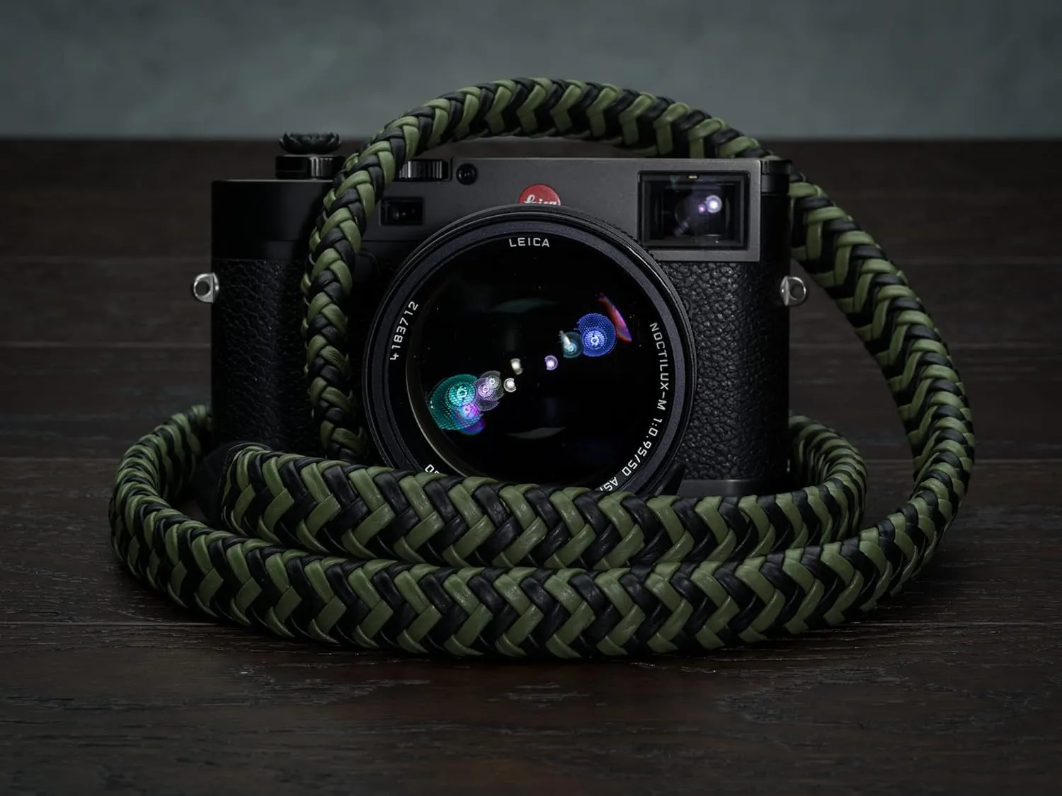 Leather Braided Camera Strap Matador Noir w/Electroplated Rings, Hand-Made 47 inches