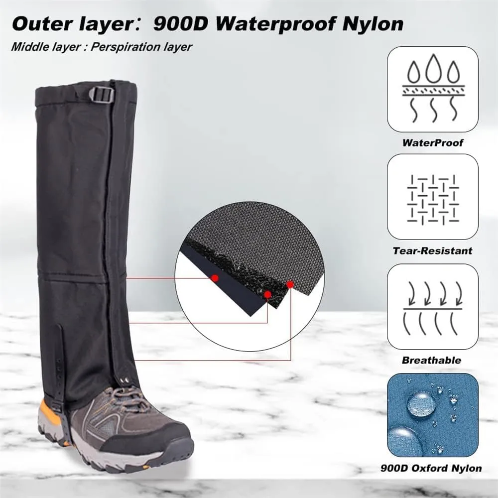 Leg Gaiters Waterproof Snow Boot Gaiters for Snowshoeing, Hiking, Hunting, Running, Motorcycle Anti-Tear Oxford Fabric, TPU Instep Belt Metal Shoelace Hook for Outdoor