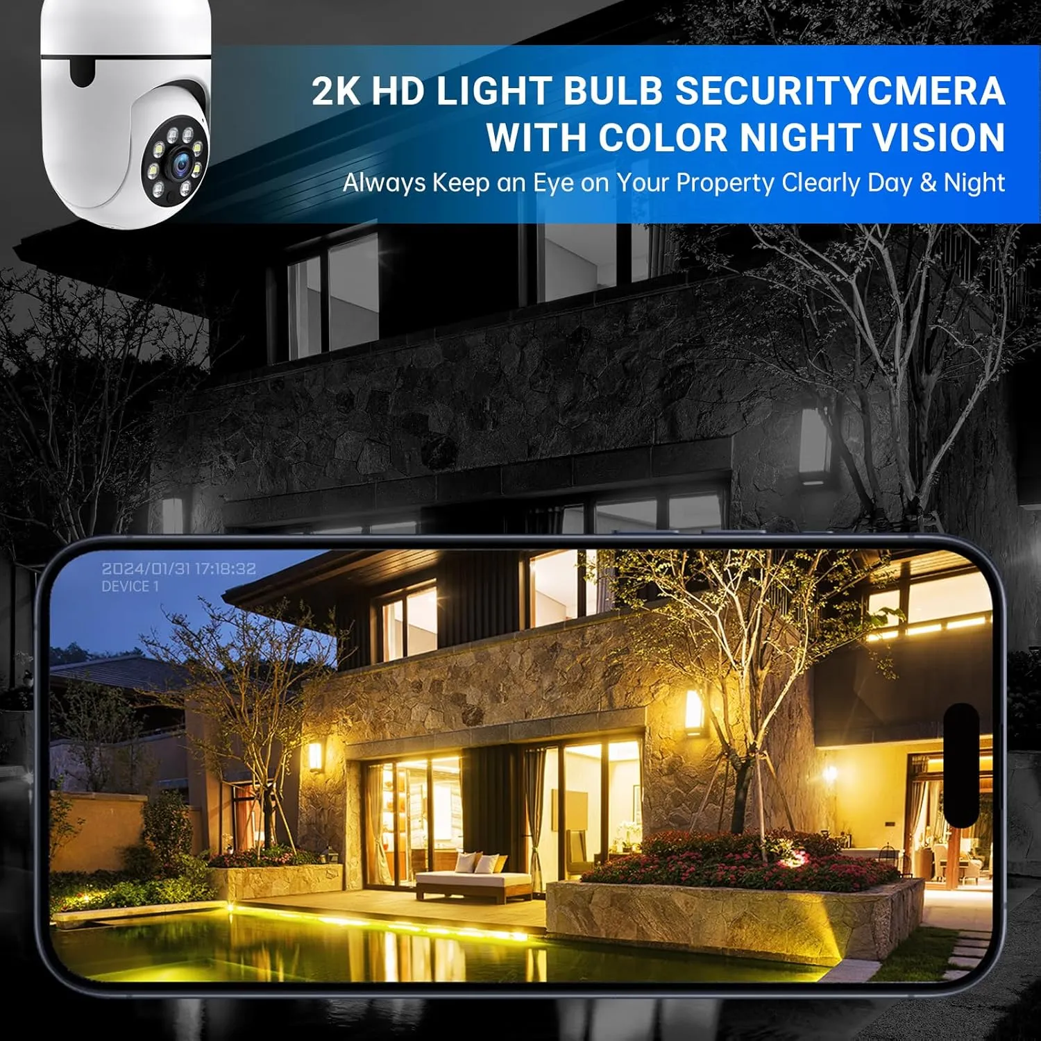 Light Bulb Security Camera, 2.4G 5GHz WiFi Security Cameras Wireless Outdoor Indoor, 2K Bulb Cameras for Home Security Outside, AI Motion Detection & Alarm, Two Way Talk,Color Night Vision 2Pack