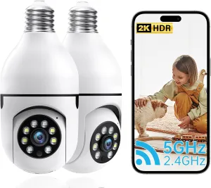Light Bulb Security Camera, 2.4G 5GHz WiFi Security Cameras Wireless Outdoor Indoor, 2K Bulb Cameras for Home Security Outside, AI Motion Detection & Alarm, Two Way Talk,Color Night Vision 2Pack