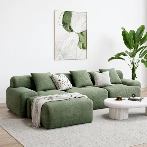 LIKIMIO 118" Modern L-Shaped Modular Sectional Sofa for Living Room, Corduroy Upholstery Green, Oversized 3-Seater Couch with Deep Seat and Movable Ottoman – No Assembly