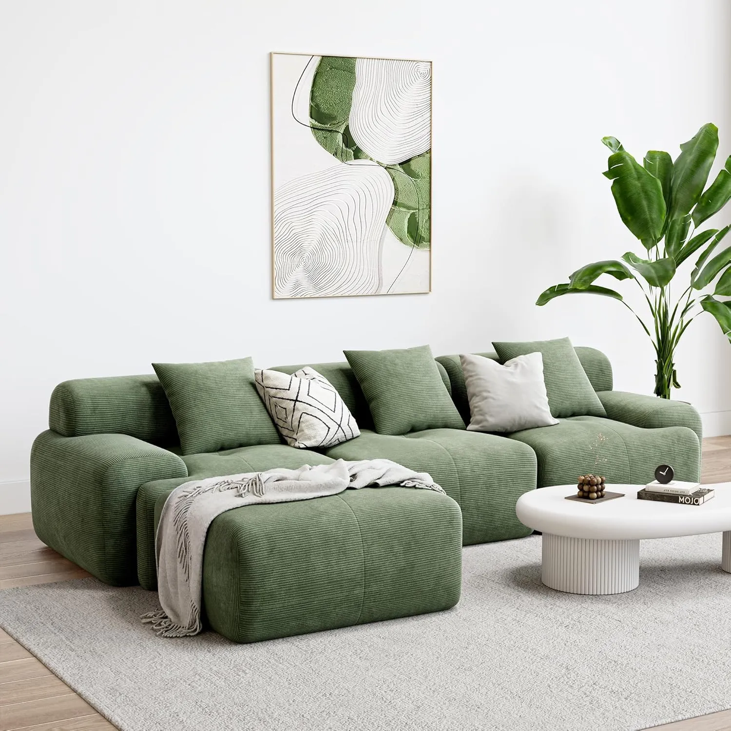 LIKIMIO 118" Modern L-Shaped Modular Sectional Sofa for Living Room, Corduroy Upholstery Green, Oversized 3-Seater Couch with Deep Seat and Movable Ottoman – No Assembly