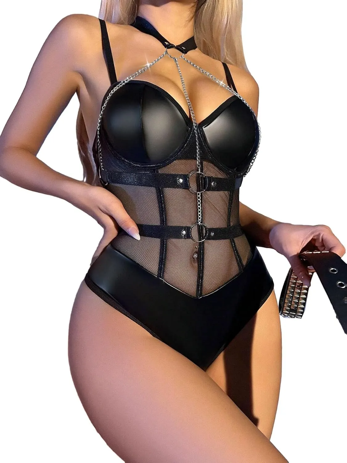 Lilosy Sexy Crisscross Choker Leather Pu Underwire Babydoll Women Harness Teddy Bodysuit Nightshirt One Piece