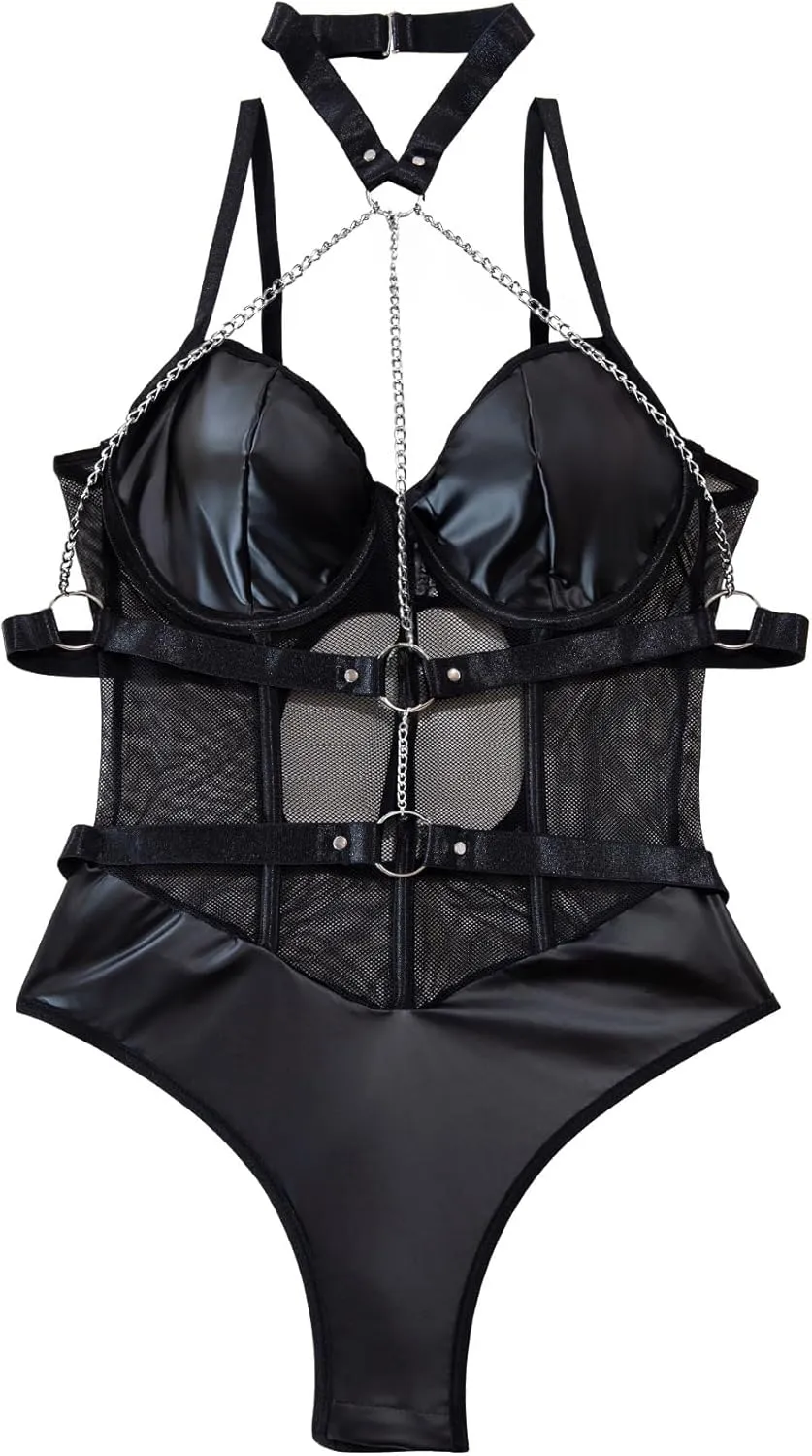 Lilosy Sexy Crisscross Choker Leather Pu Underwire Babydoll Women Harness Teddy Bodysuit Nightshirt One Piece