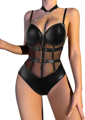 Lilosy Sexy Crisscross Choker Leather Pu Underwire Babydoll Women Harness Teddy Bodysuit Nightshirt One Piece
