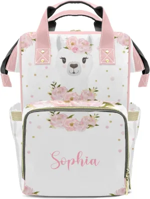 Llama Blush Floral Pink Diaper Backpack with Name Custom Backpack Mommy Nappy Baby Bag Waterproof Casual Travel Daypack Tote Bag for Mom Dad