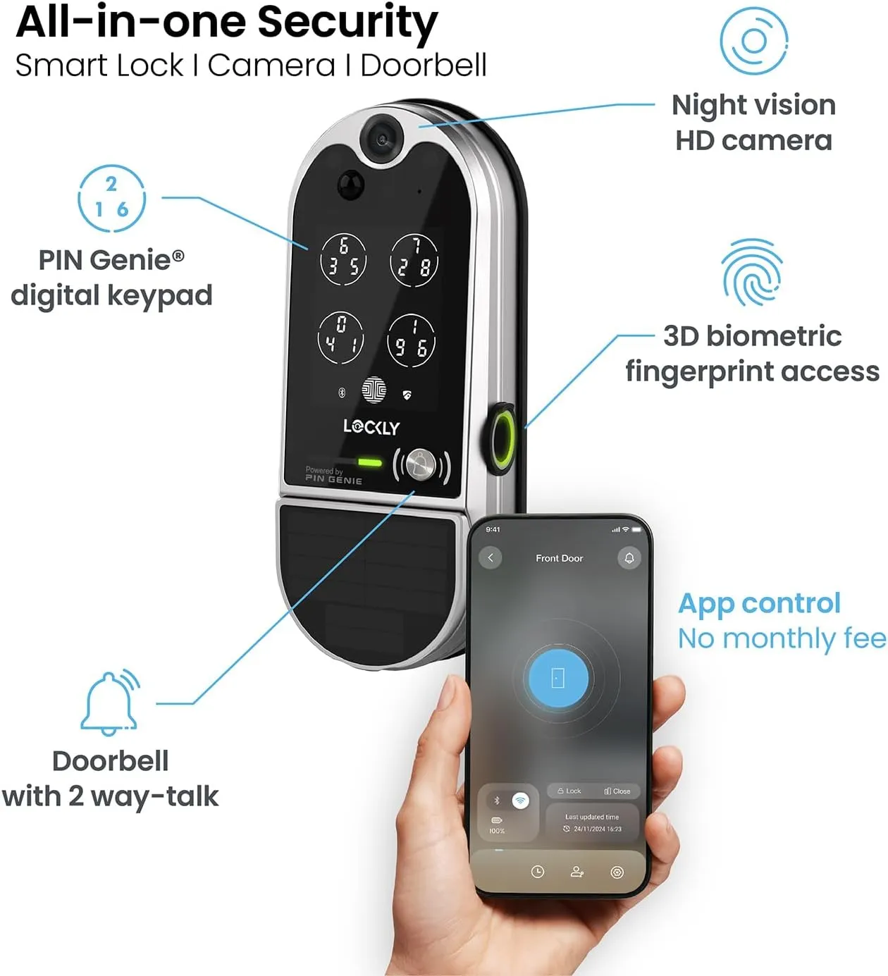 Lockly Vision Elite Video Smart Lock with Camera, Smart Wi-Fi Deadbolt for Front Door, PIN Genie® Keypad, Fingerprint Door Lock, Motion Sensor, App Remote Control, 2 Way Audio Doorbell, No Monthly Fee
