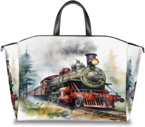 Locomotive Steam Train Diaper Bag Tote, Watercolor Forest Travel Diaper Tote Bag for Mom and Dad, Multifunction Large Baby Bag Nappy Bags with Stroller Straps