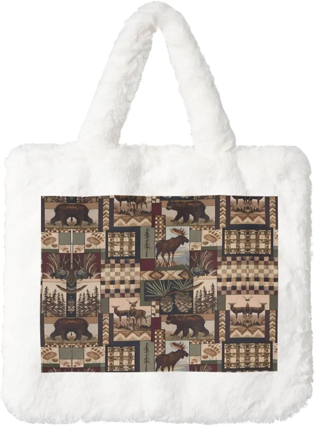 Lodge Bear Deer Ladies Plush Handbag - Versatile Women's Tote Bag â€“ Ideal for Shopping, Cosmetic Needs, and Festive Gifting, White, One Size