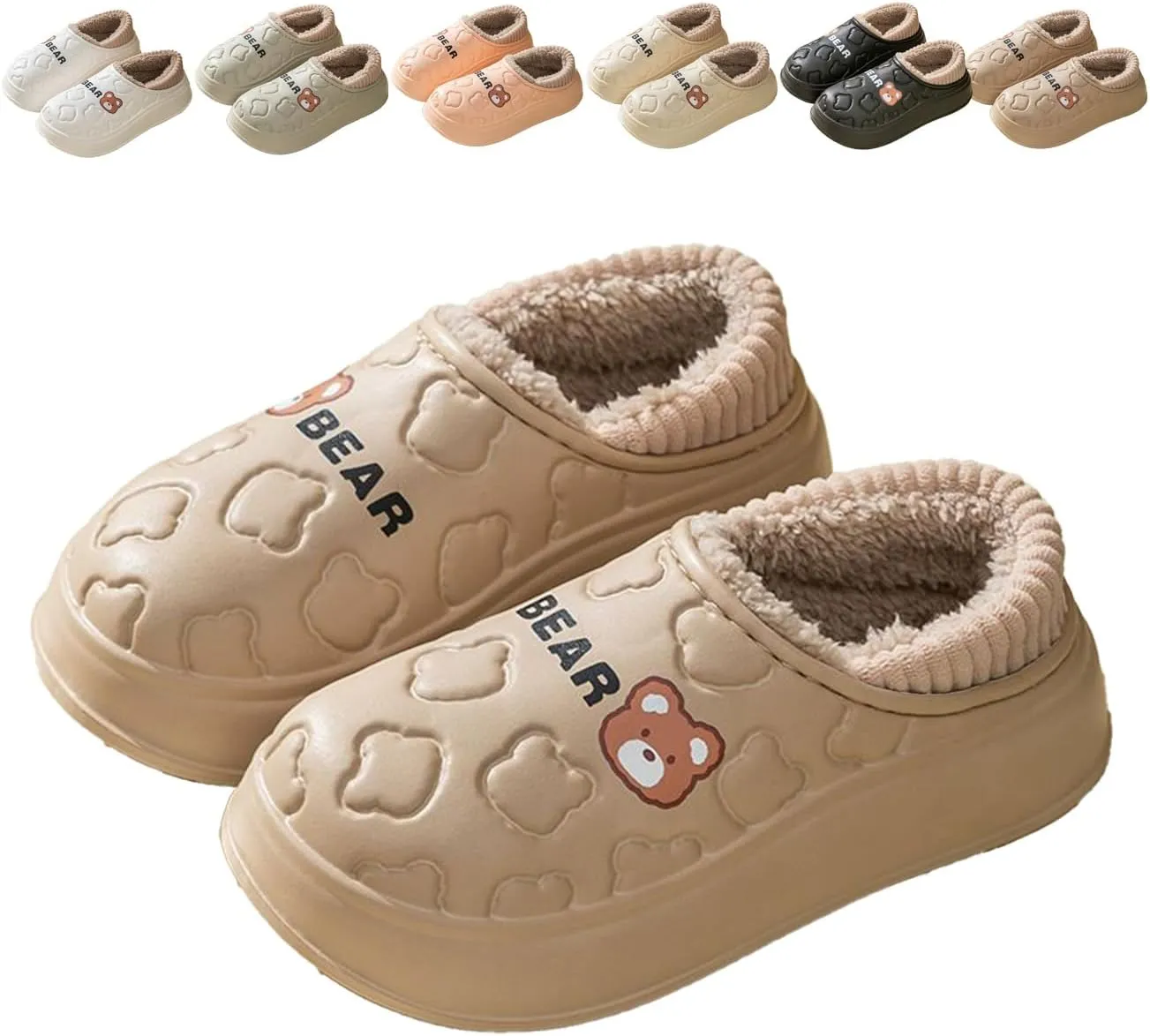 Loizziuy Bear Spring Winter Outdoor Slippers for women Home Anti-Slip Plush Backless Cotton-Padded Silent Waterproof Indoor Warm