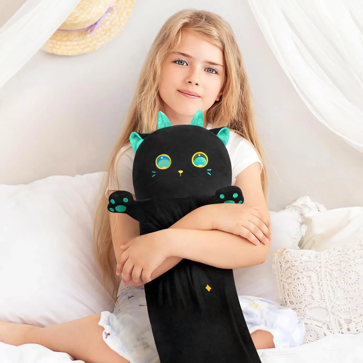 Long Cat Plush Body Pillow – Cute Black Cat Plushies Soft Stuffed Animal, Extra-Long Cuddle Pillow, Gift for Kids & Girls 28"