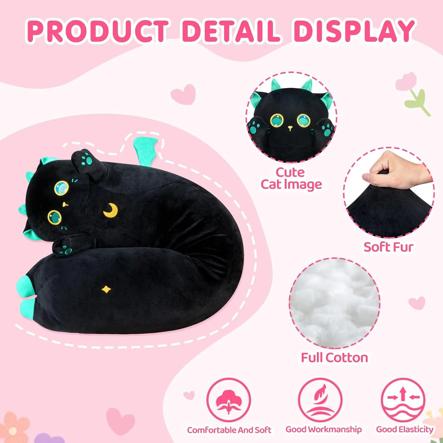 Long Cat Plush Body Pillow – Cute Black Cat Plushies Soft Stuffed Animal, Extra-Long Cuddle Pillow, Gift for Kids & Girls 28"