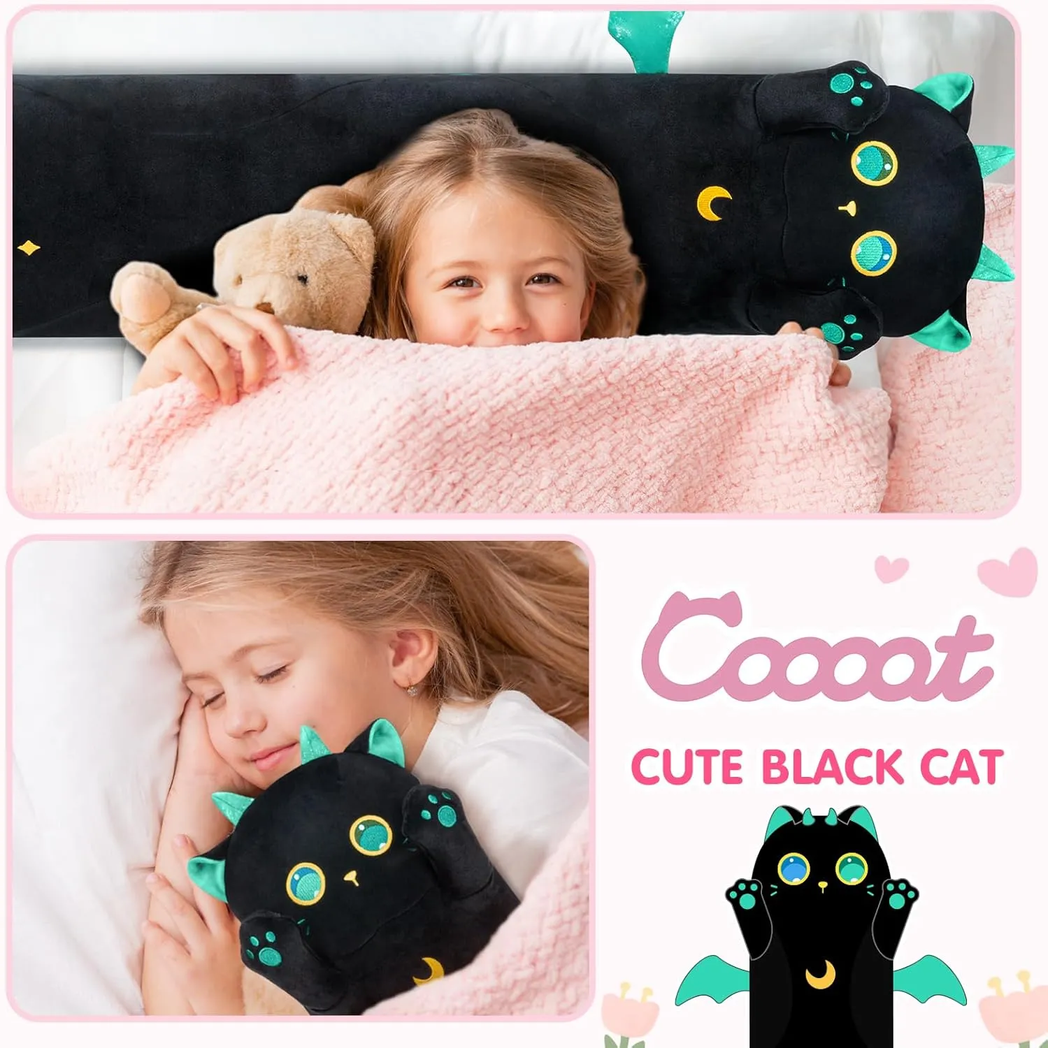 Long Cat Plush Body Pillow – Cute Black Cat Plushies Soft Stuffed Animal, Extra-Long Cuddle Pillow, Gift for Kids & Girls 28"