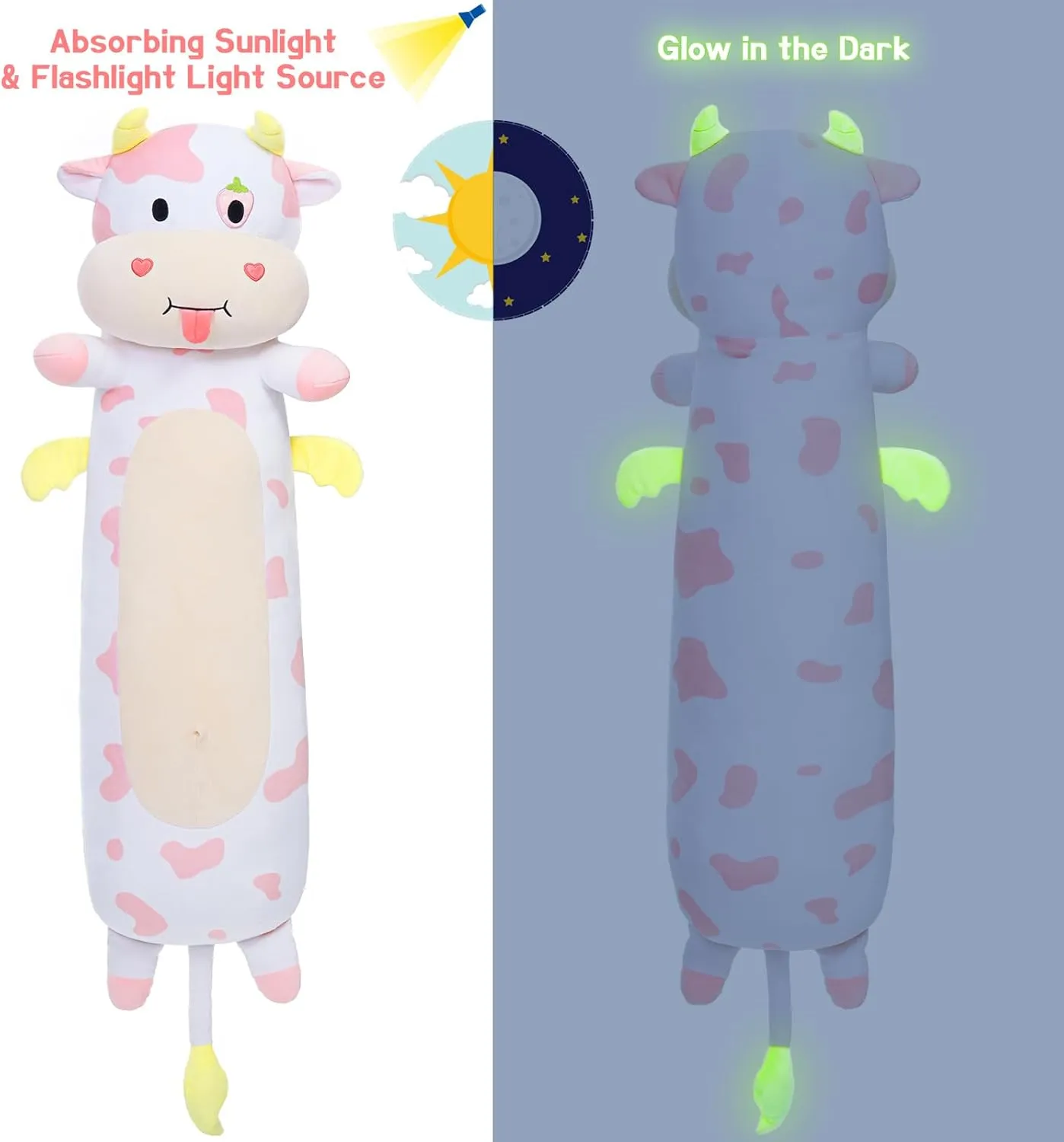 Long Cow Body Pillow 43.3Inch Cow Body Pillow, Pink Cow Stuffed Animal Glow in The Dark, Strawberry Cow Pillow with Heart for Kids Girlfriend,Birthday, Thanksgiving, Christmas Pillow Gift
