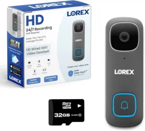 Lorex 1080p Wired WiFi Smart Video Doorbell Camera w/No Subscription Fee - Smart Security Lighting, Motion Detection, 2 Way Talk, Includes 32GB MicroSD (Gray)