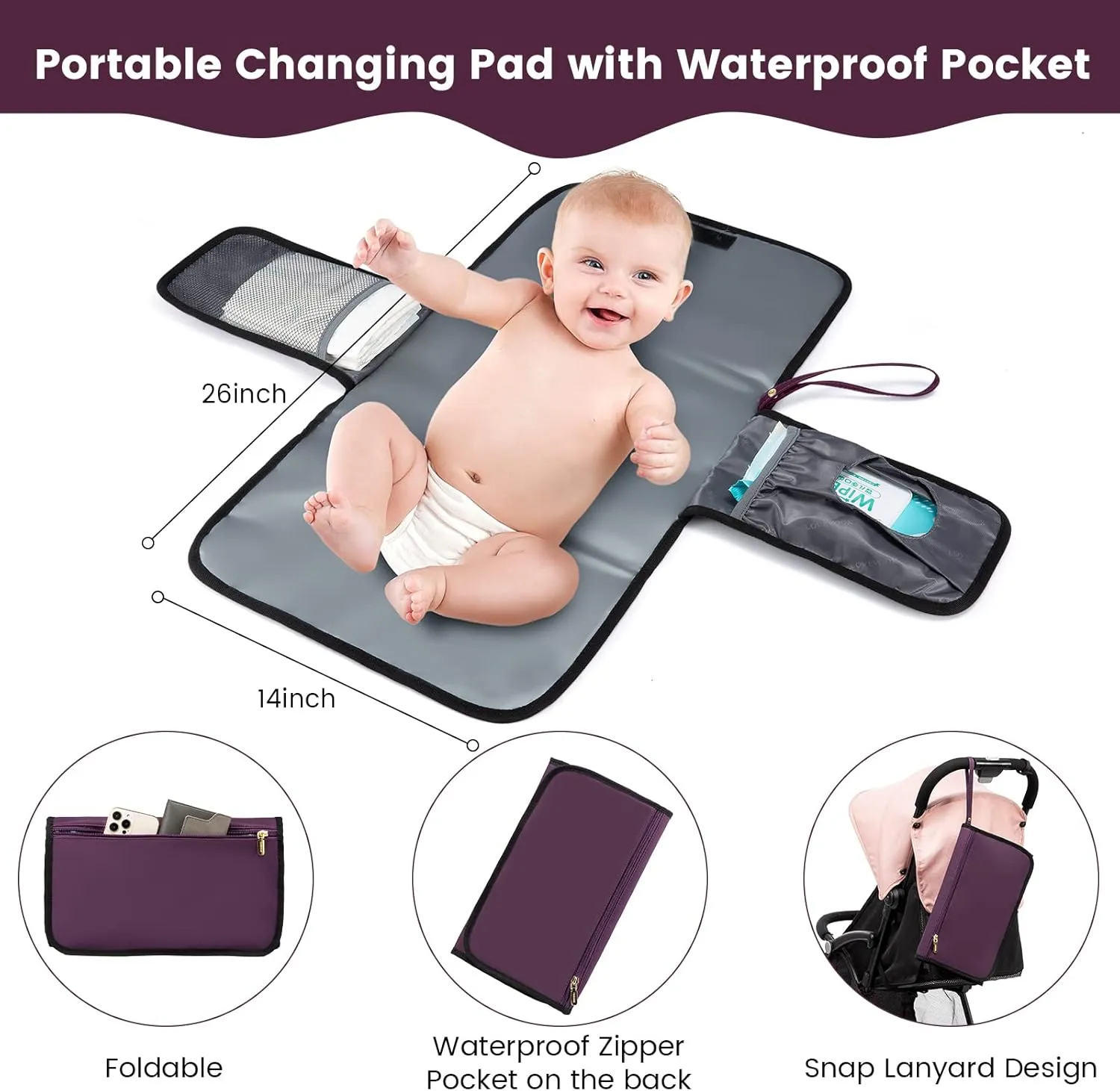 LOVEVOOK Diaper Bag Backpack, Quilted Baby Bag with Changing Pad & Pacifier Holder,Maternity Baby Changing Bags,Purple