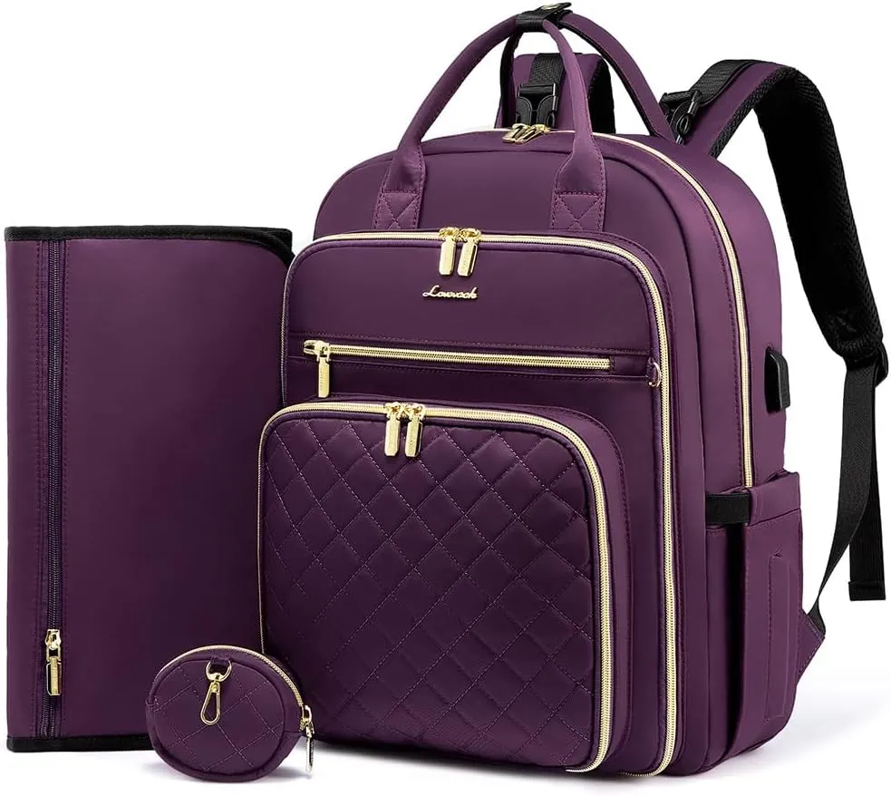 LOVEVOOK Diaper Bag Backpack, Quilted Baby Bag with Changing Pad & Pacifier Holder,Maternity Baby Changing Bags,Purple