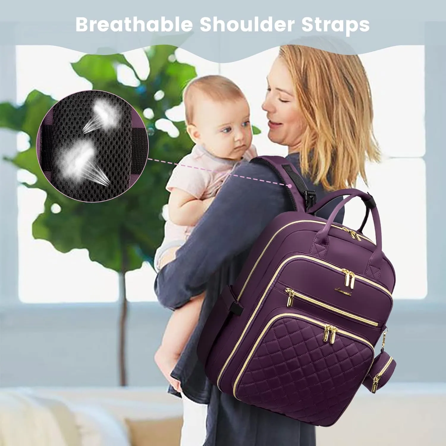 LOVEVOOK Diaper Bag Backpack, Quilted Baby Bag with Changing Pad & Pacifier Holder,Maternity Baby Changing Bags,Purple