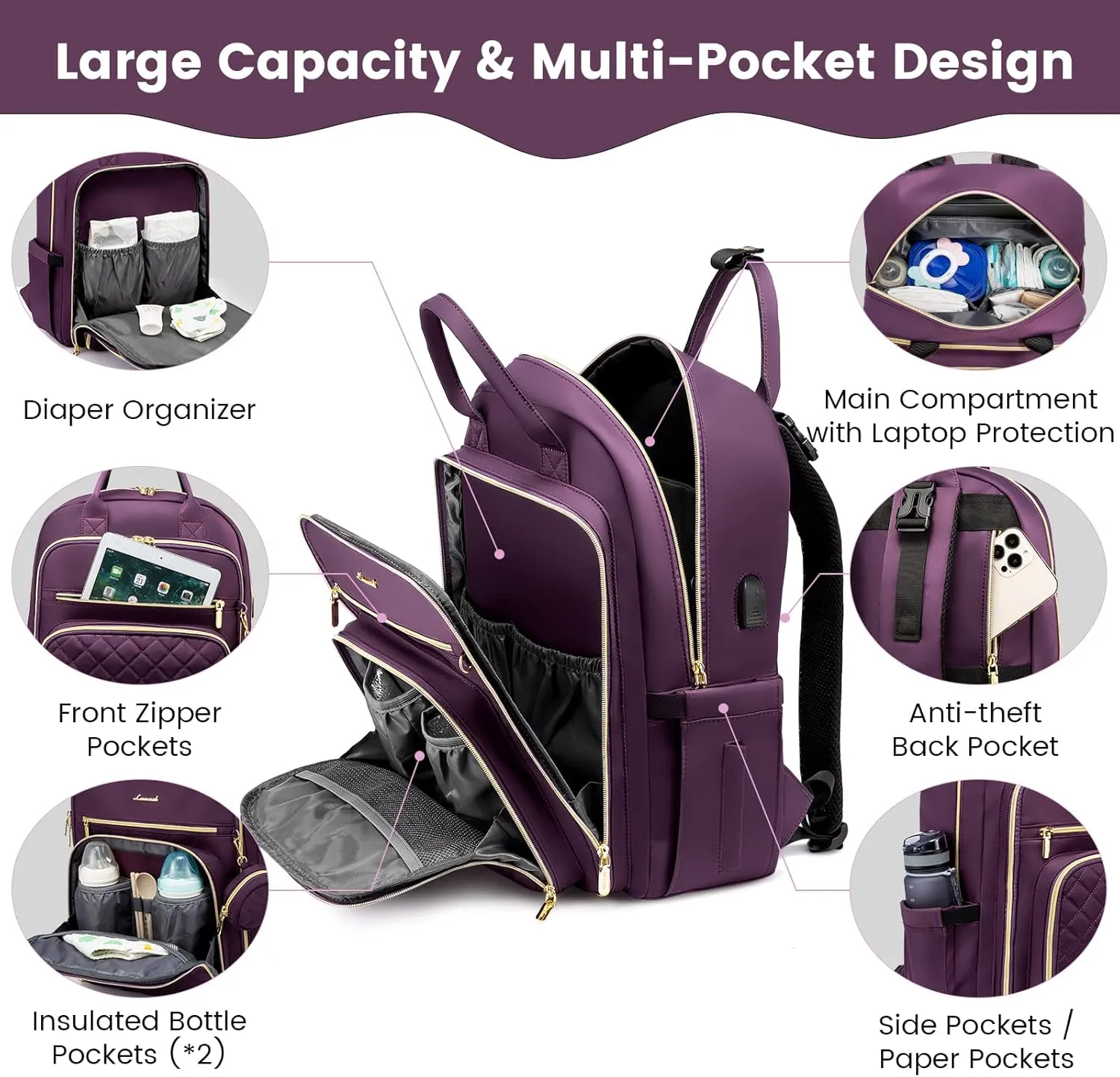 LOVEVOOK Diaper Bag Backpack, Quilted Baby Bag with Changing Pad & Pacifier Holder,Maternity Baby Changing Bags,Purple