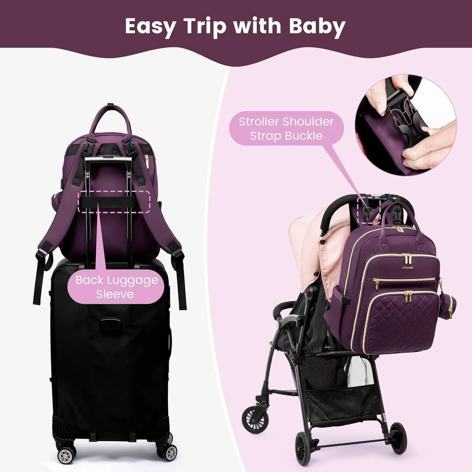 LOVEVOOK Diaper Bag Backpack, Quilted Baby Bag with Changing Pad & Pacifier Holder,Maternity Baby Changing Bags,Purple
