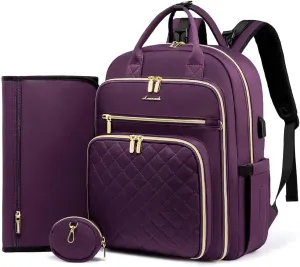 LOVEVOOK Diaper Bag Backpack, Quilted Baby Bag with Changing Pad & Pacifier Holder,Maternity Baby Changing Bags,Purple