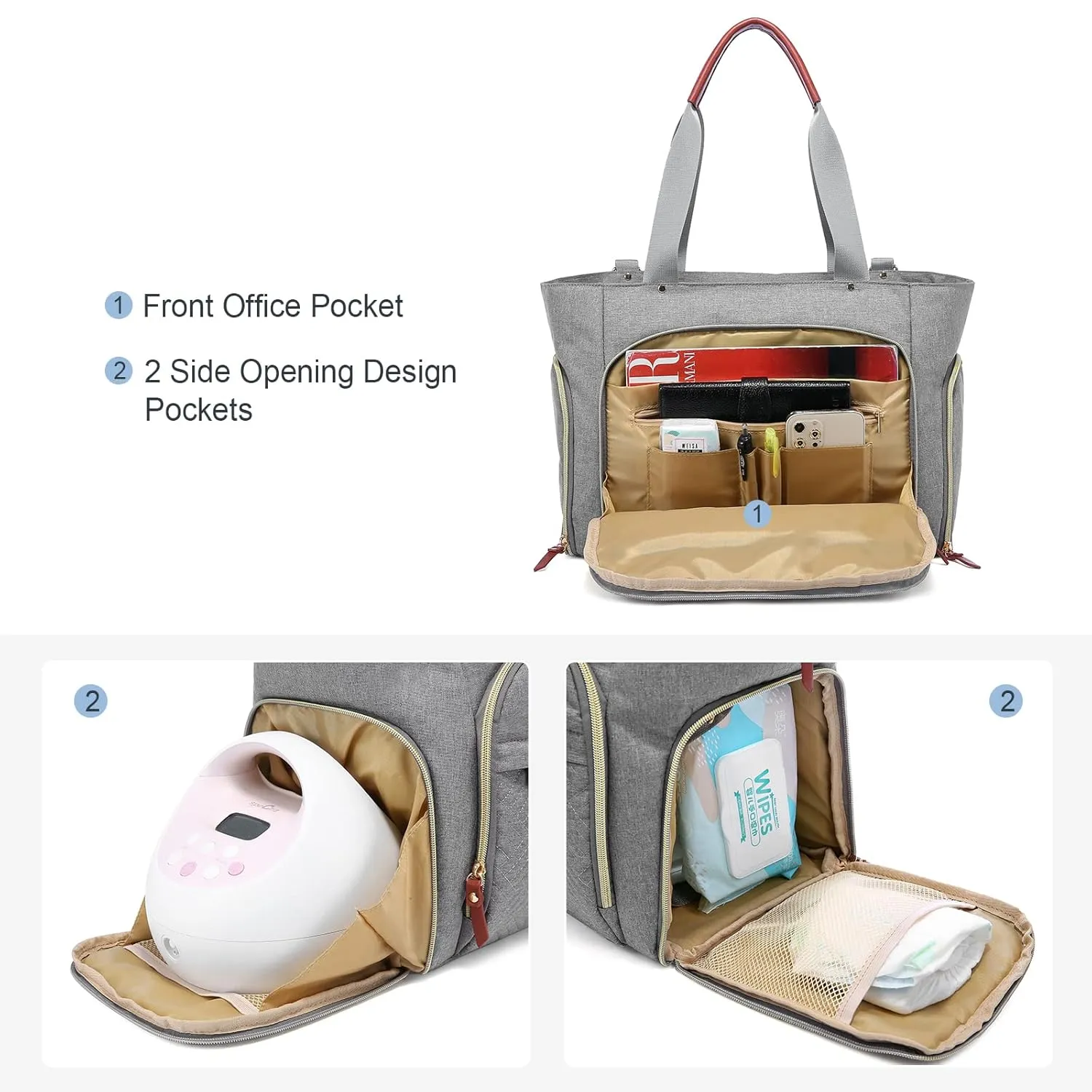 LOVEVOOK Diaper Bag Set, 3-Piece Set with Laptop Pocket, Cooler Bag & Changing Pad, Fits Most Breast Pumps, Grey, 15.7" x 8" x 11", For Mothers, Newborn - 3 Years