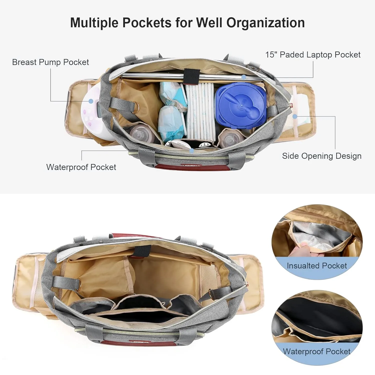 LOVEVOOK Diaper Bag Set, 3-Piece Set with Laptop Pocket, Cooler Bag & Changing Pad, Fits Most Breast Pumps, Grey, 15.7" x 8" x 11", For Mothers, Newborn - 3 Years