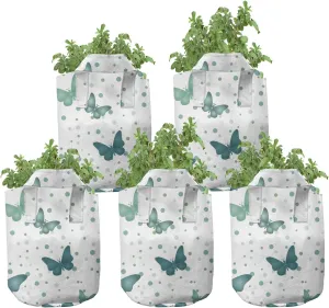 Lunarable Butterflies Grow Bags 5-Pack, Moth Insects on Rounds, Heavyduty Fabric Pots with Handles for Plants, White Teal