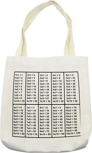 Lunarable Mathematics room Tote Bag, Calculation Table of Multiplication Algebra Study Chart Count, Cloth Linen Reusable Bag for Shopping Books Beach and More, 16.5" X 14", Black White