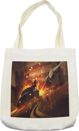 Lunarable Modern Tote Bag, Outer Space Chase Scene of a Shuttle Aeroplane and a Car Road Work of Art, Cloth Linen Reusable Bag for Shopping Books Beach and More, 16.5" X 14", Multicolor