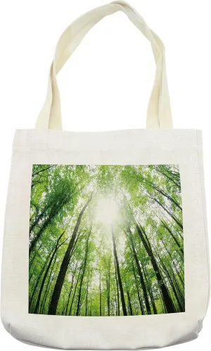 Lunarable Nature Tote Bag, Upward Tree Forest View with Morning Sun Reflecting Inspirational Image, Cloth Linen Reusable Bag for Shopping Books Beach and More, 16.5" X 14", Cream