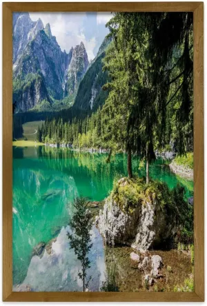 Lunarable Rustic Framed Wall Art, Alpine Lake Laghi di Fusine Forest Rocks Mountain Landscape, Fabric Poster with Walnut Tone Wood Frame Home Dorm Decor, 23" x 35", Jade Green Pale Blue