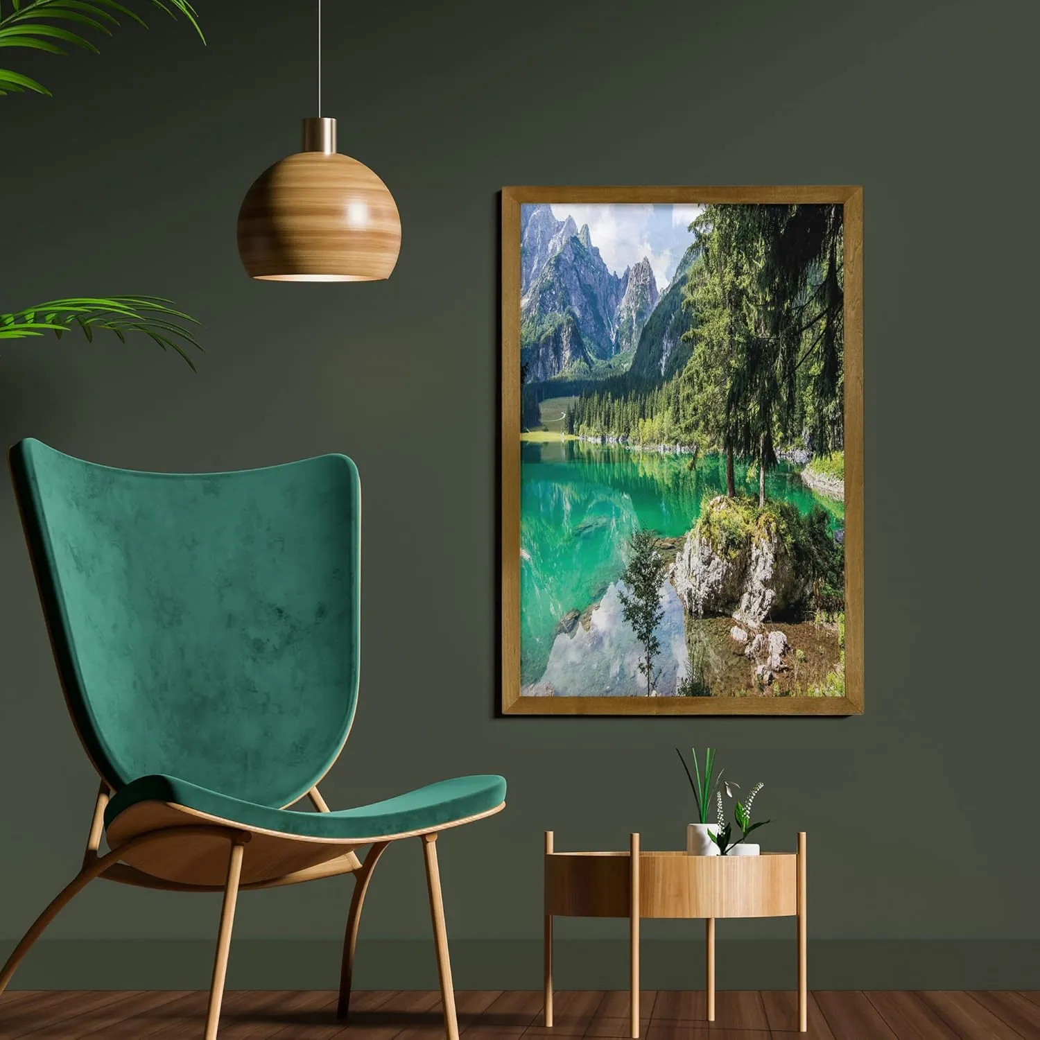 Lunarable Rustic Framed Wall Art, Alpine Lake Laghi di Fusine Forest Rocks Mountain Landscape, Fabric Poster with Walnut Tone Wood Frame Home Dorm Decor, 23" x 35", Jade Green Pale Blue