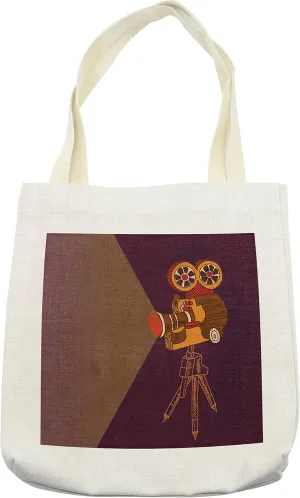 Lunarable Vintage Tote Bag, Classic Movie Theater Machine with Cinema Fest Typography Past Filmmaker Print, Cloth Linen Reusable Bag for Shopping Books Beach and More, 16.5" X 14", Cream
