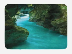 Lunarable Waterfall Bath Mat, Tolminka Alpine River Water and Caves Exotic Nature Travel Picture, Plush Bathroom Decor Mat with Non Slip Backing, 30.2" x 20", Turquoise Dark Green