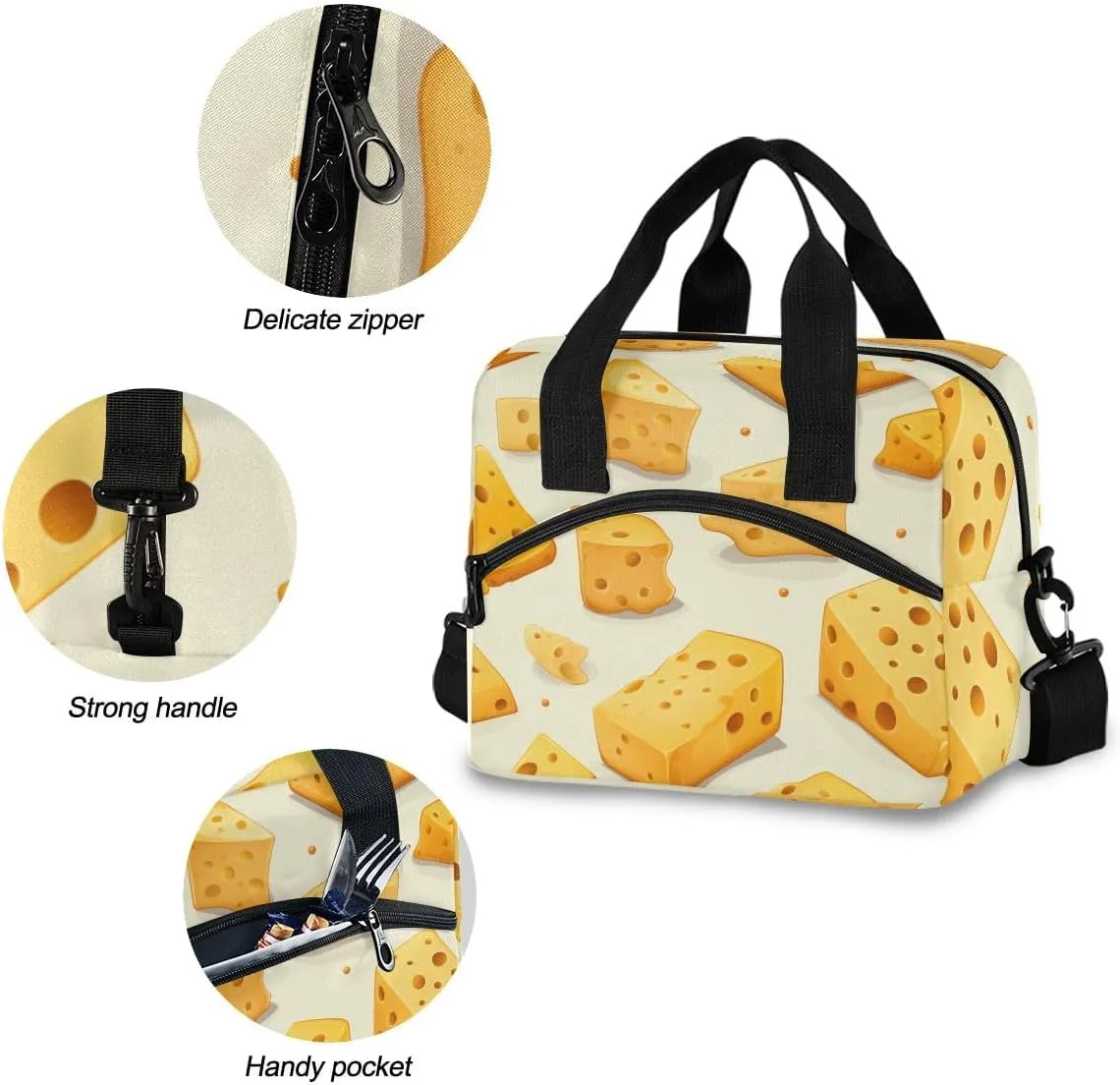 Lunch Bag Cheese Insulated Lunch Box for Women Men Tote Bag with Detachable Shoulder Strap for Office School Picnic Hiking