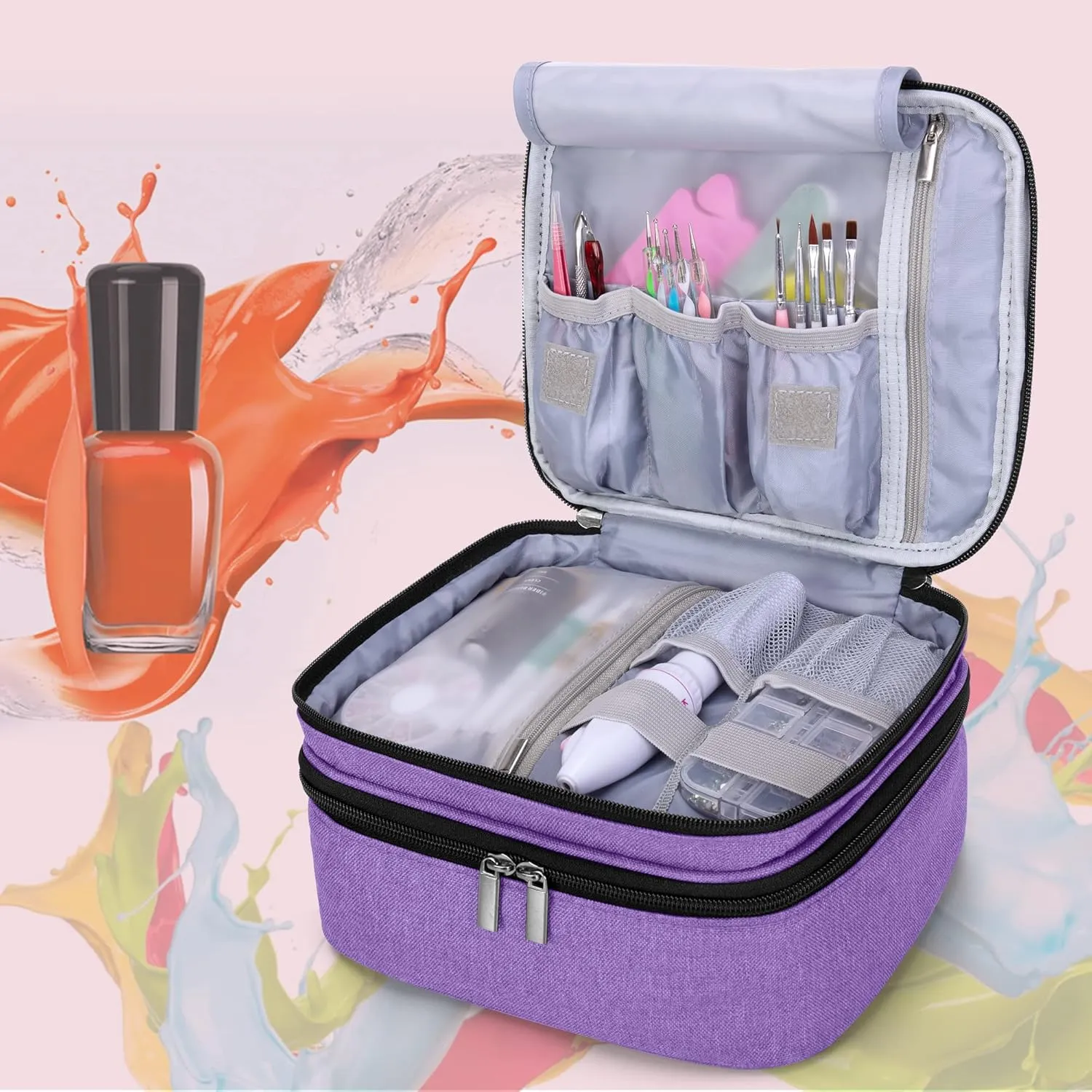LUXJA Nail Polish Carrying Case - Holds 30 Bottles (15ml - 0.5 fl.oz), Double-layer Organizer for Nail Polish and Manicure Set, Purple (Bag Only)