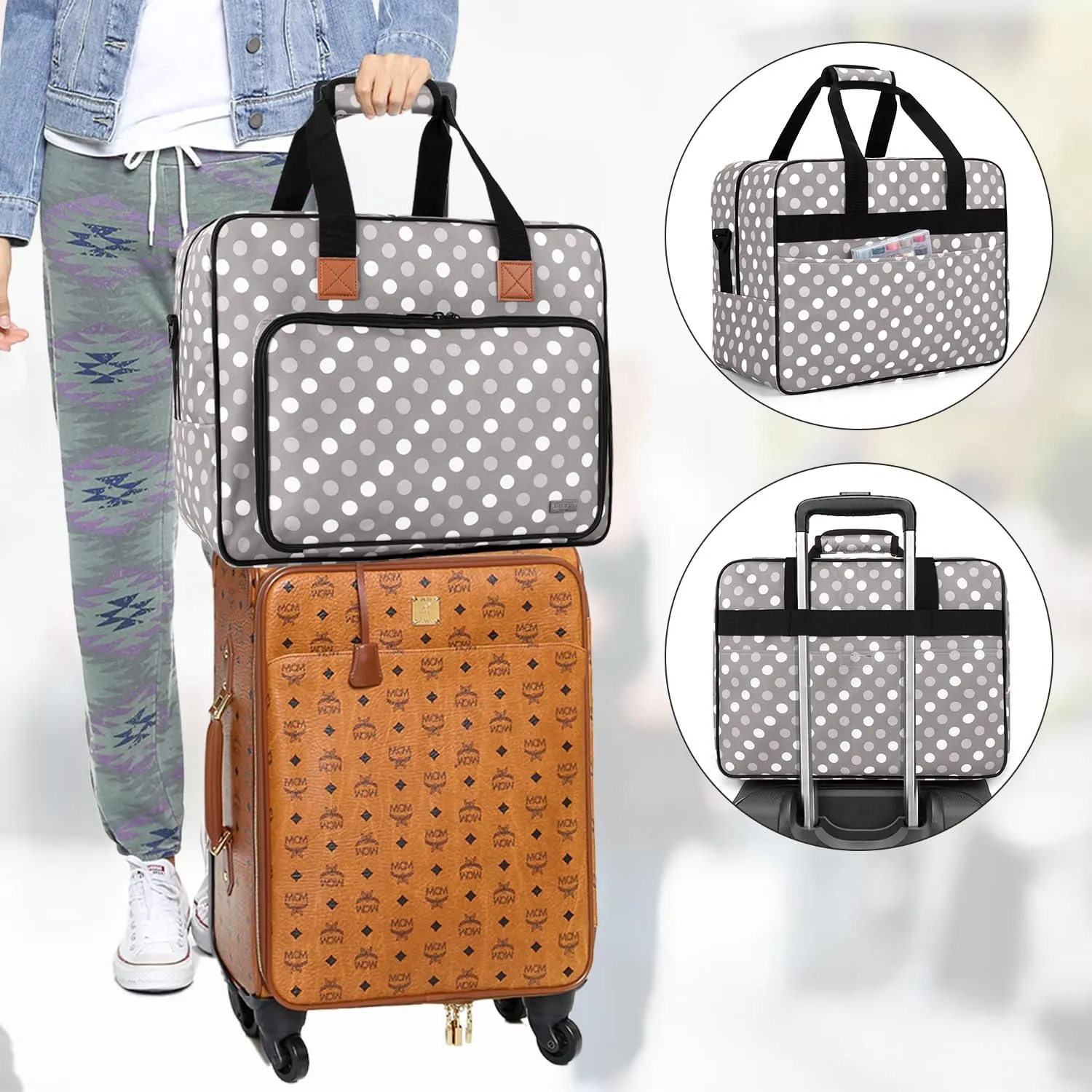 LUXJA Sewing Machine Bag, Portable Tote Bag Compatible with Most Brother, Singer Sewing Machines and Extra Sewing Accessories, Gray Dots