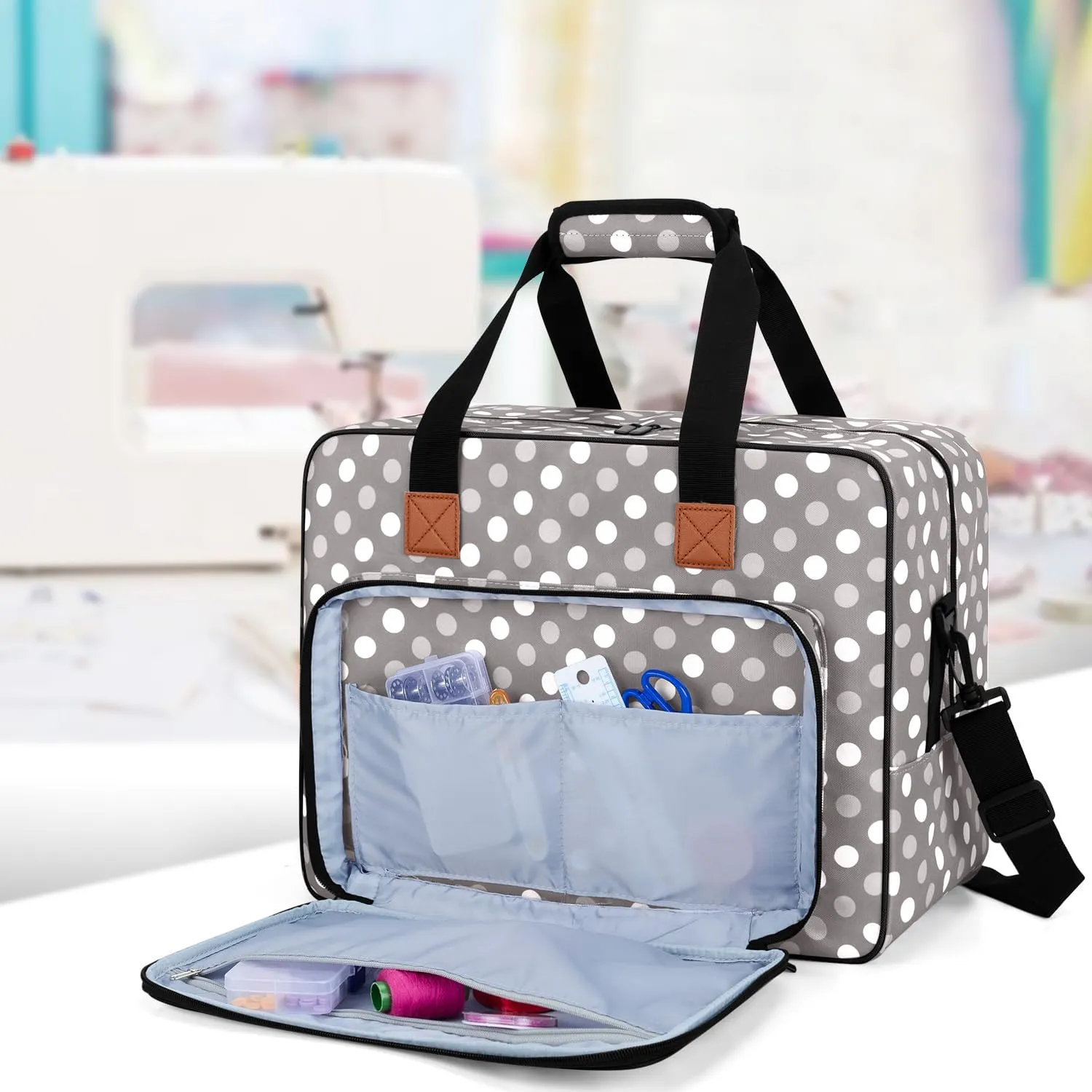 LUXJA Sewing Machine Bag, Portable Tote Bag Compatible with Most Brother, Singer Sewing Machines and Extra Sewing Accessories, Gray Dots