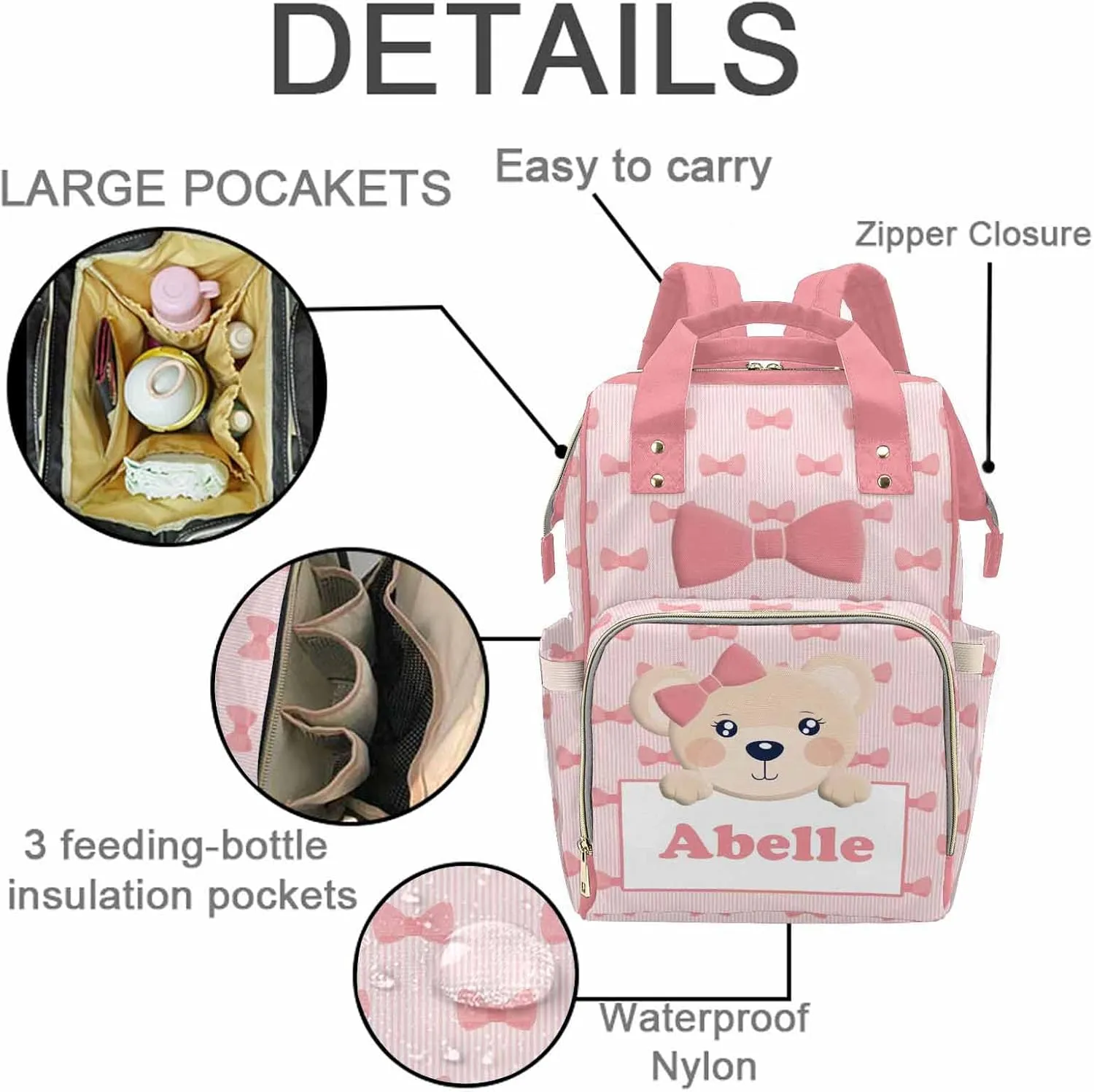 M YESCUSTOM Baby Diaper Bag Custom Name Letter Personalized Butterfly Baby Bag Customized Mom Travel Backpack Pink